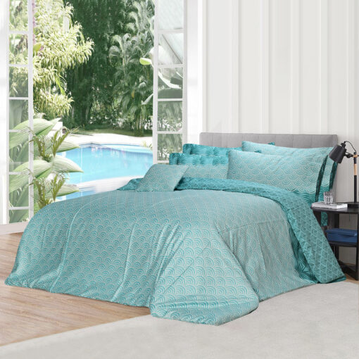1000TC 6Pcs Printed Sateen Quilt Cover Set - Cyan Scale Pattern